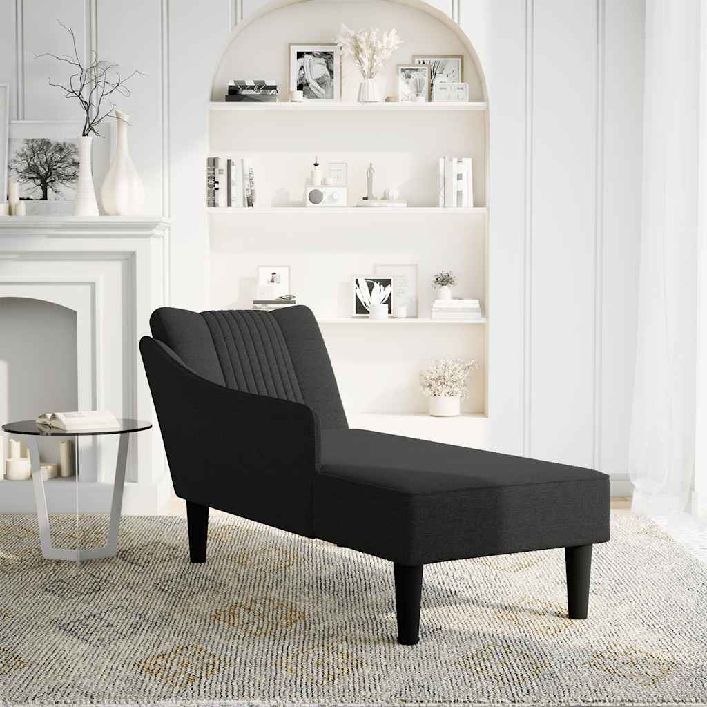 Chaise longue with straight armrest in black fabric