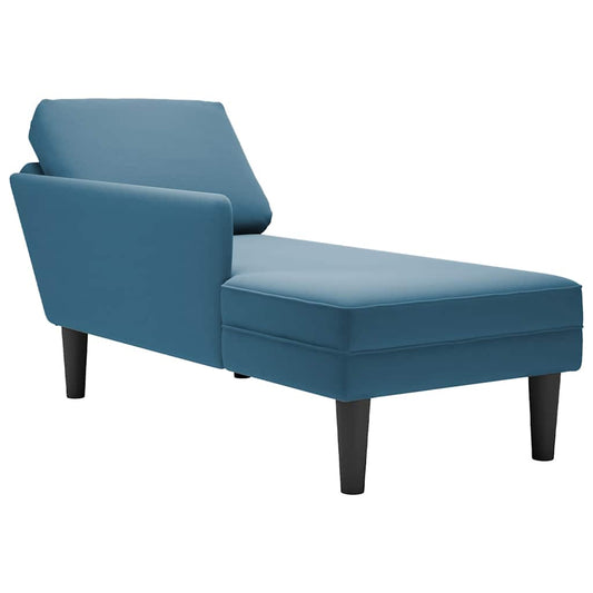 Chaise longue with cushion and right armrest, blue, velvet