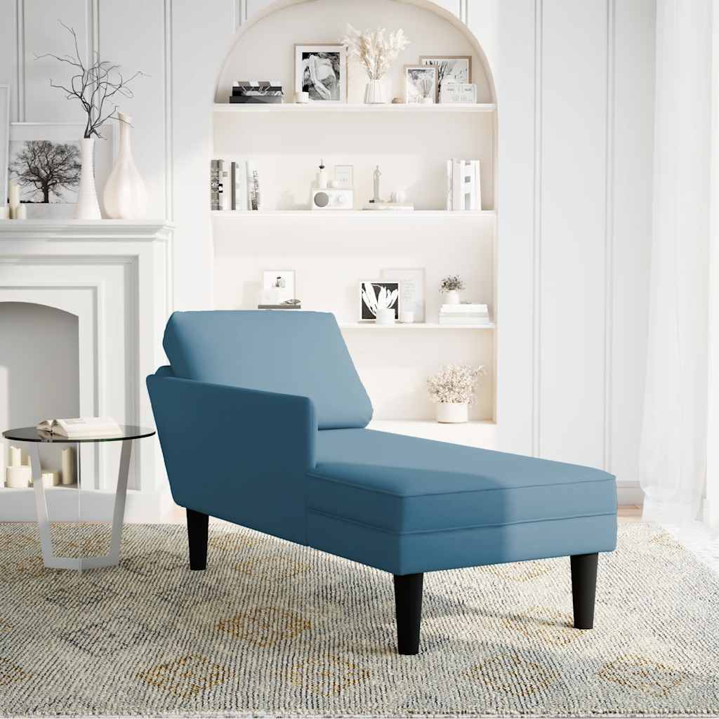 Chaise longue with cushion and right armrest, blue, velvet