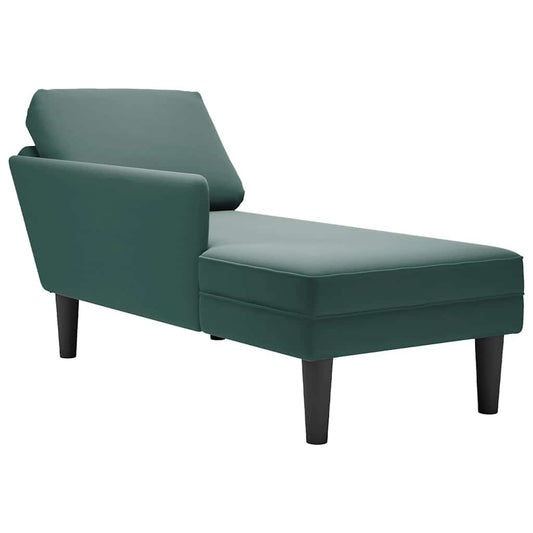 Chaise longue with cushion and right armrest, dark green, velvet