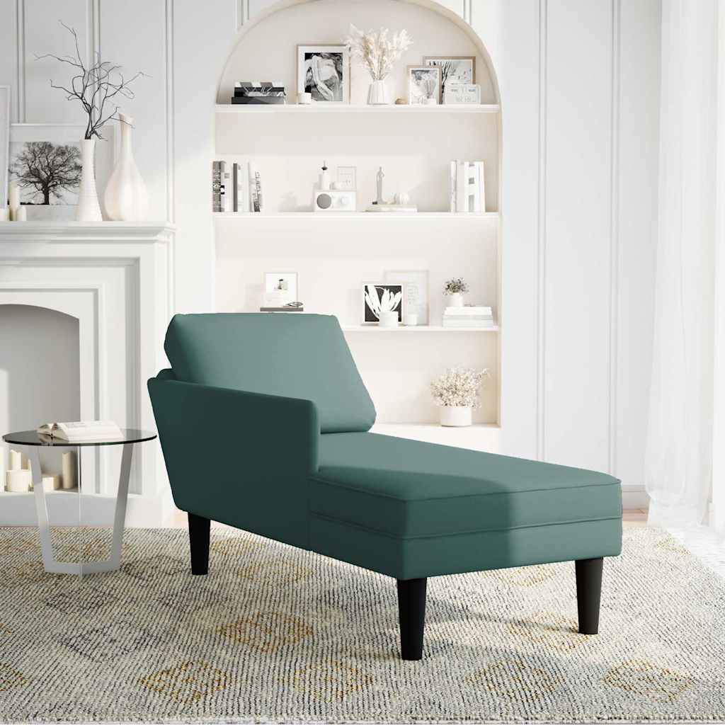 Chaise longue with cushion and right armrest, dark green, velvet