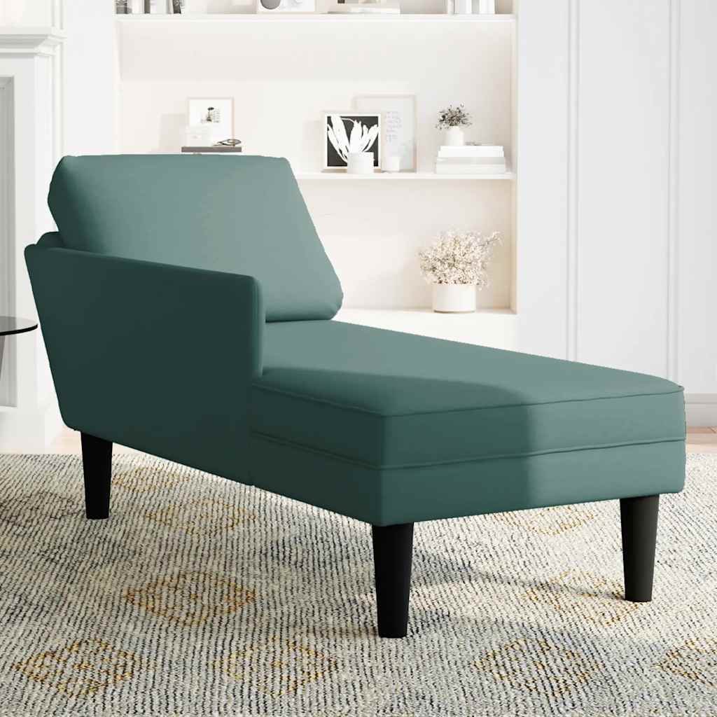 Chaise longue with cushion and right armrest, dark green, velvet