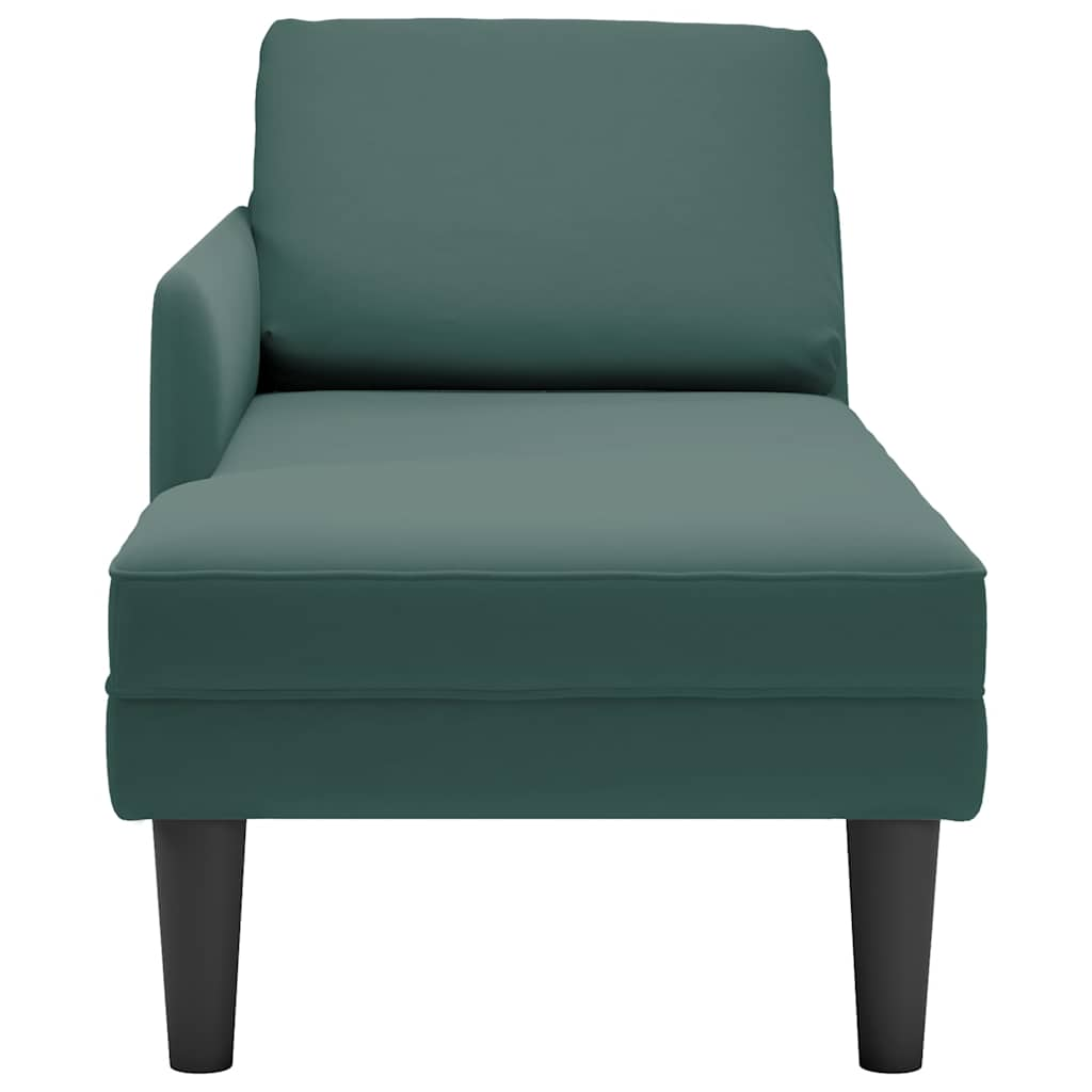 Chaise longue with cushion and right armrest, dark green, velvet