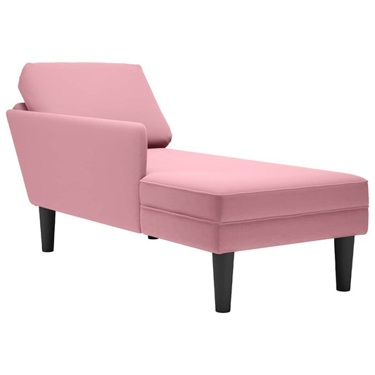 Chaise longue with cushion and right armrest, pink, velvet