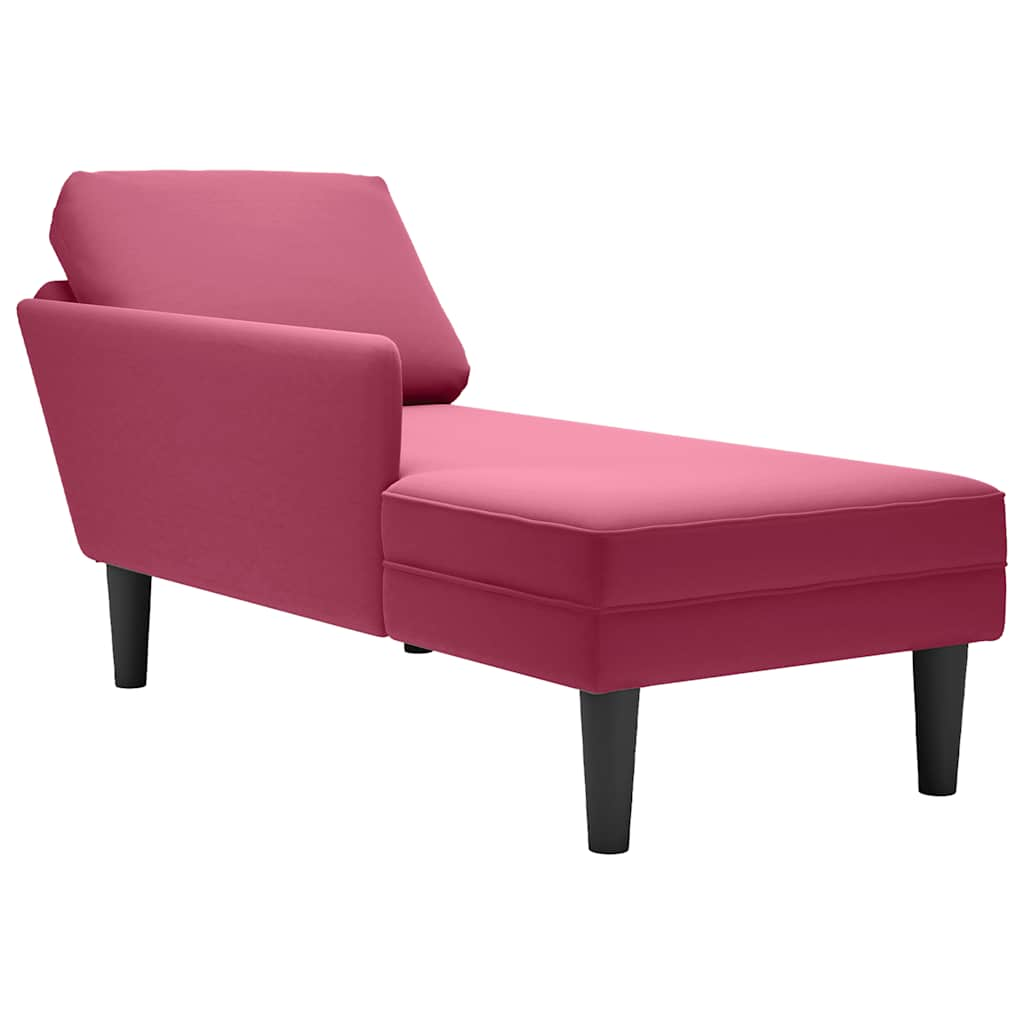 Chaise longue with cushion and right armrest, wine red, velvet