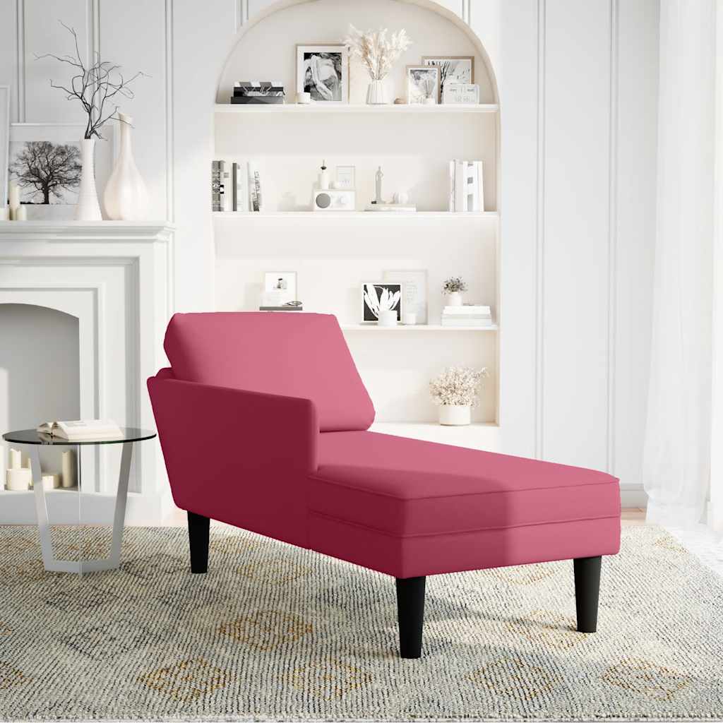 Chaise longue with cushion and right armrest, wine red, velvet