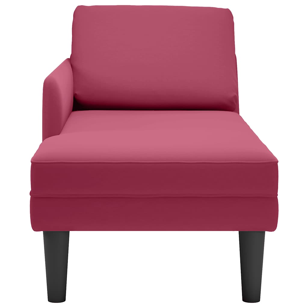 Chaise longue with cushion and right armrest, wine red, velvet