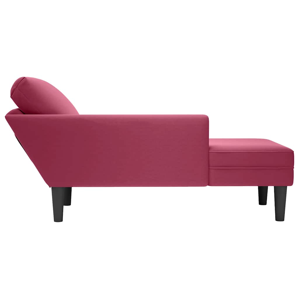 Chaise longue with cushion and right armrest, wine red, velvet