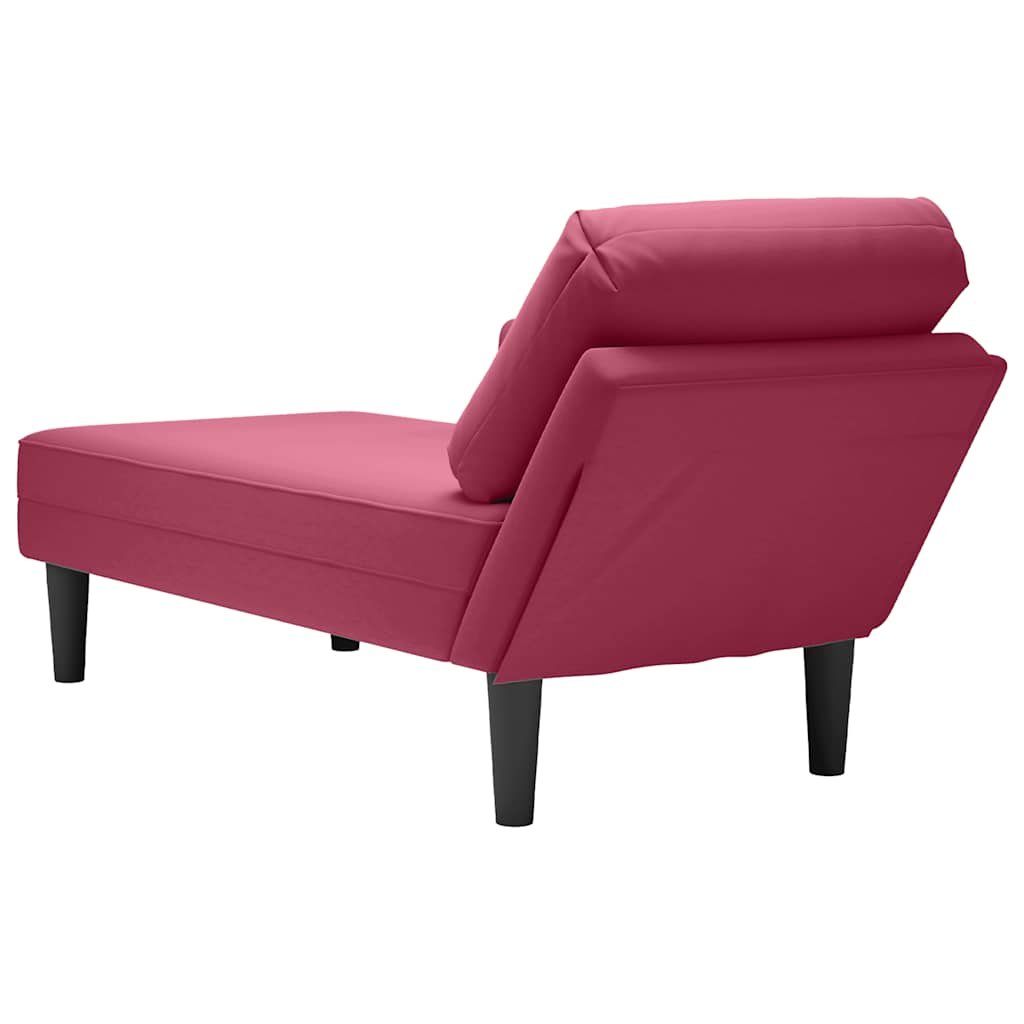 Chaise longue with cushion and right armrest, wine red, velvet