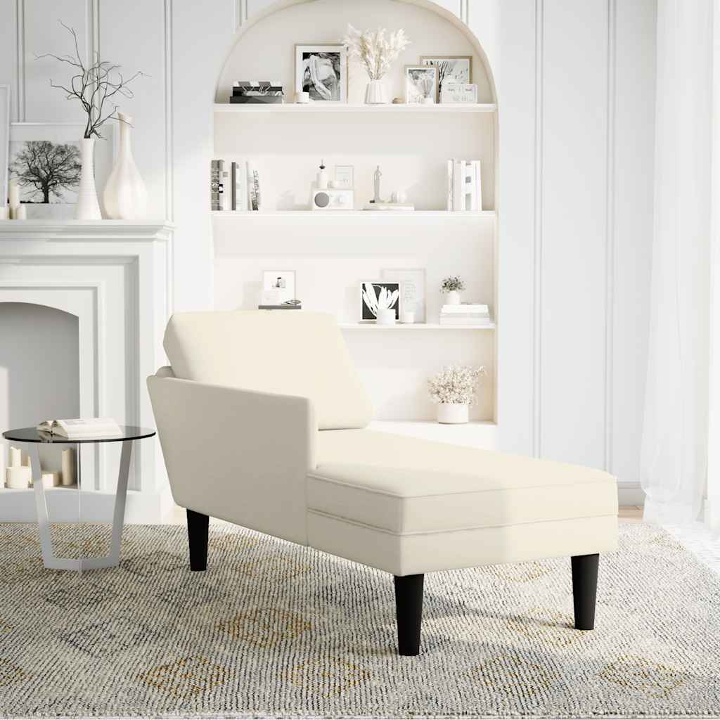 Chaise longue with cushion and right armrest, cream, velvet