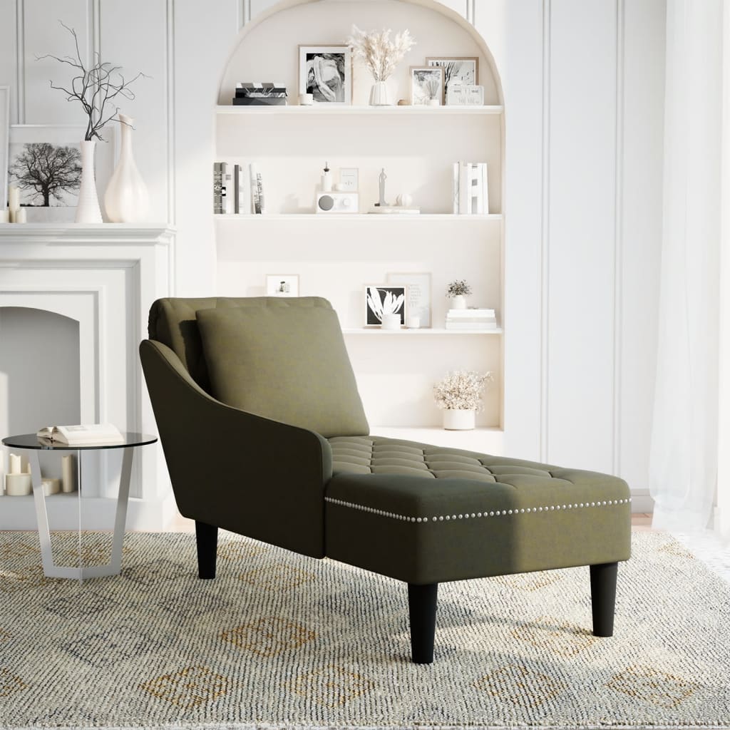 Chaise longue with cushion and right armrest, khaki green eco-leather