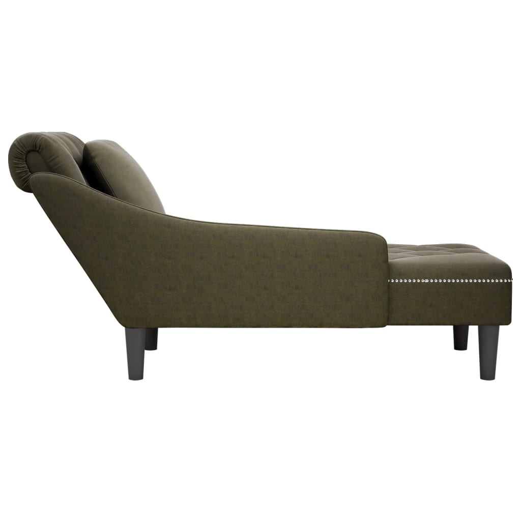 Chaise longue with cushion and right armrest, khaki green eco-leather