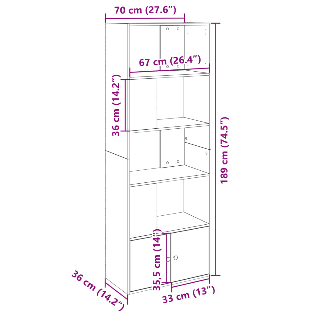 Bookcase, sonoma oak, 70x36x189 cm, composite wood