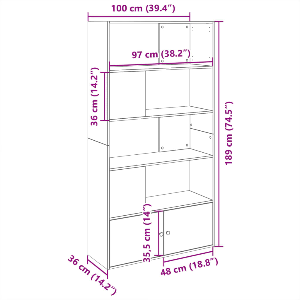 Bibliotecă, gri beton, 100x36x189 cm, lemn prelucrat