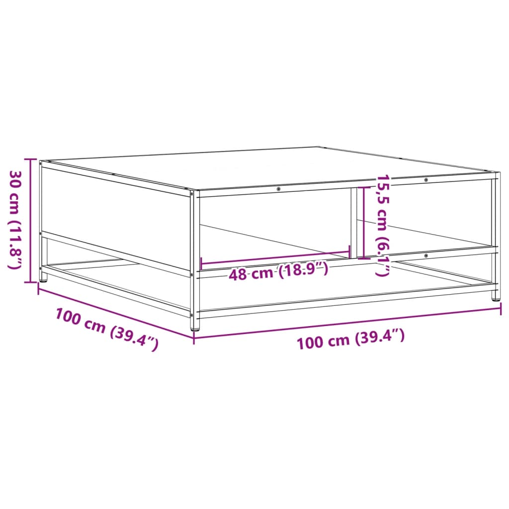 Măsuță de cafea, negru, 100x100x30 cm, lemn prelucrat și metal