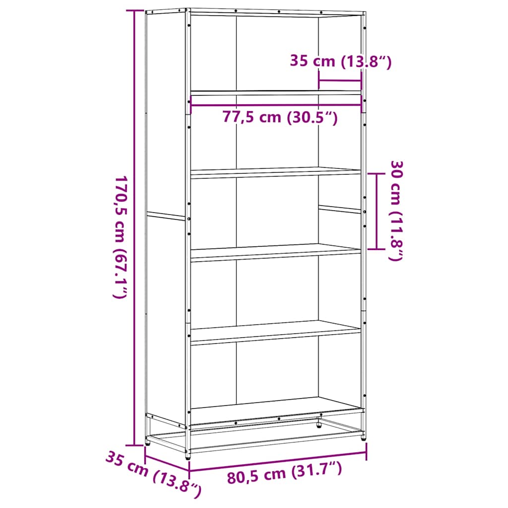 Bookcase, sonoma grey, 80.5x35x170.5 cm, engineered wood