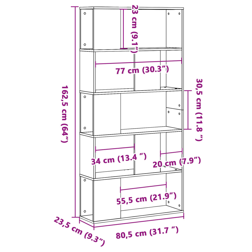 5-tier bookcase, brown oak, 80.5x23.5x162.5 cm, wood