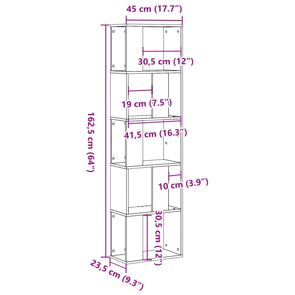 5-tier bookcase, brown oak, 45x23.5x162.5 cm, wood