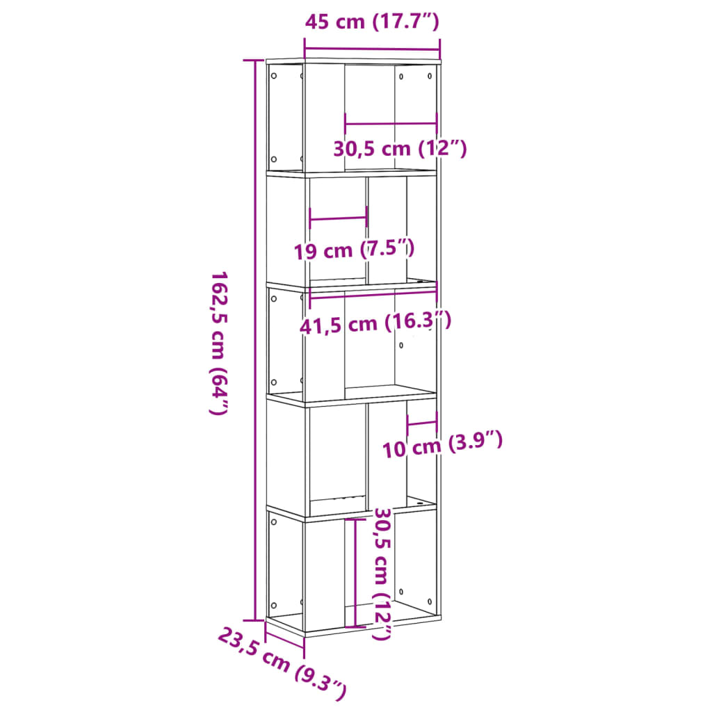 5-tier bookcase, handcrafted oak, 45x23.5x162.5 cm, wood