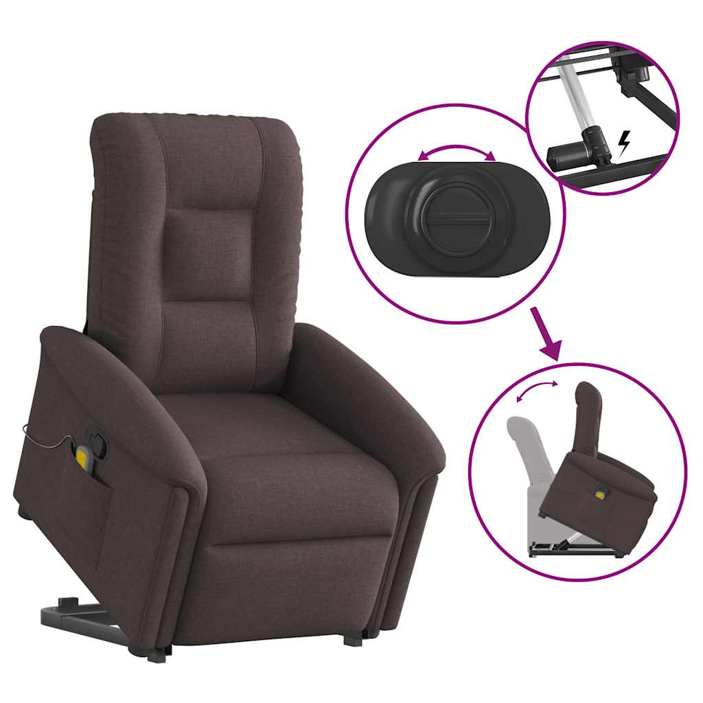 Reclining massage chair, with lift, dark brown, textile