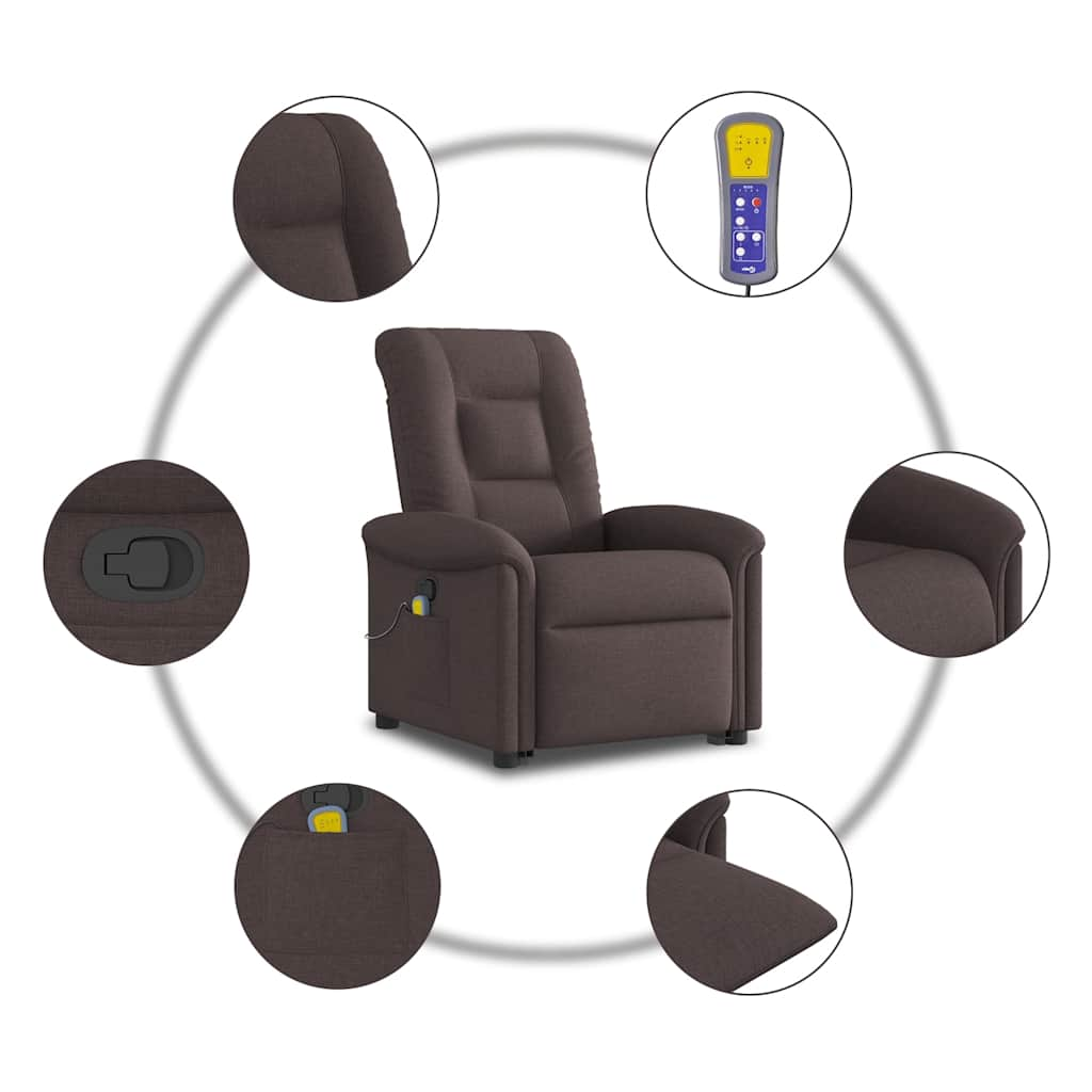 Reclining massage chair, with lift, dark brown, textile