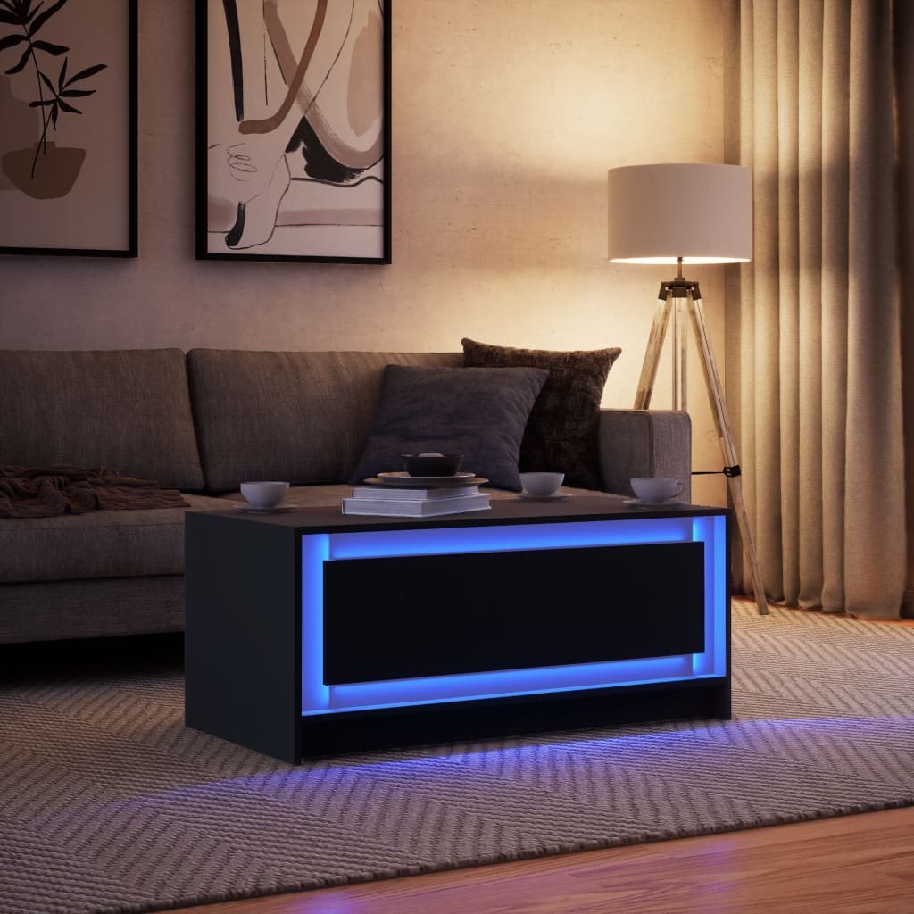 Coffee table with LED lights, black, engineered wood