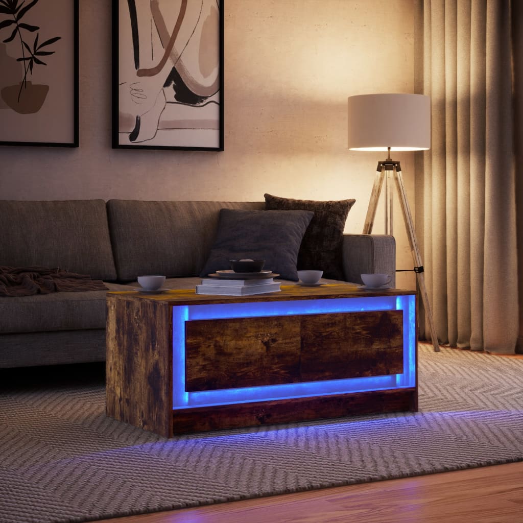 Coffee table with LED lights, smoked oak, engineered wood