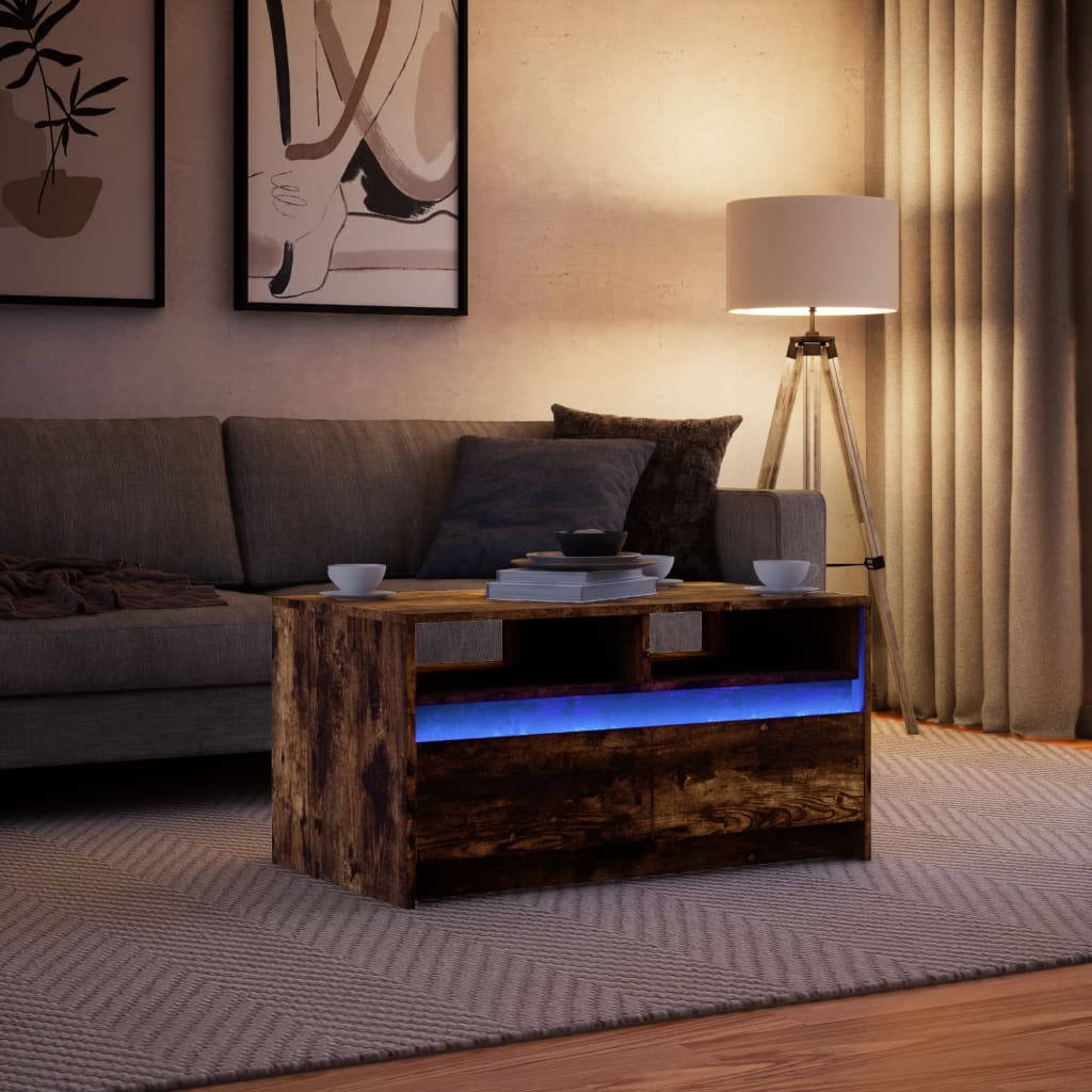 Coffee table with LED lights, smoked oak, engineered wood