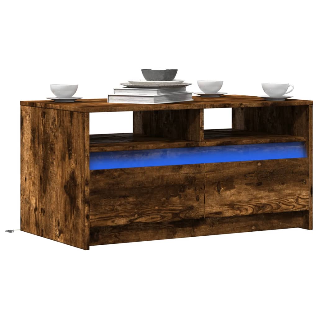 Coffee table with LED lights, smoked oak, engineered wood