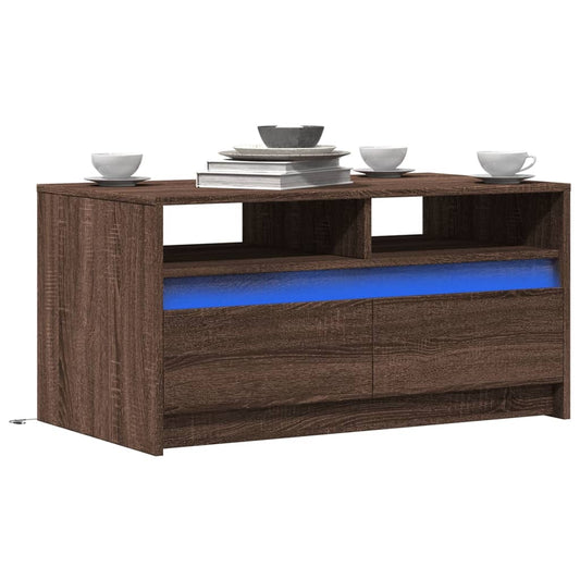 Coffee table with LED lights, brown oak, engineered wood