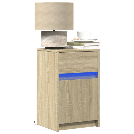 Bedside table with LED lights, sonoma oak, engineered wood