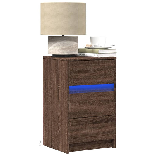 Bedside table with LED lights, brown oak, engineered wood