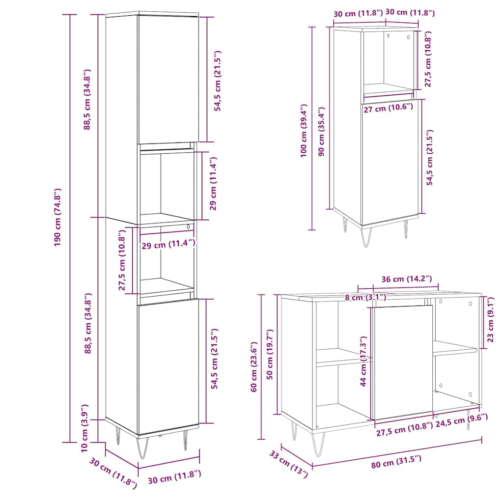 Bathroom furniture set, 3 pieces, sonoma oak, engineered wood