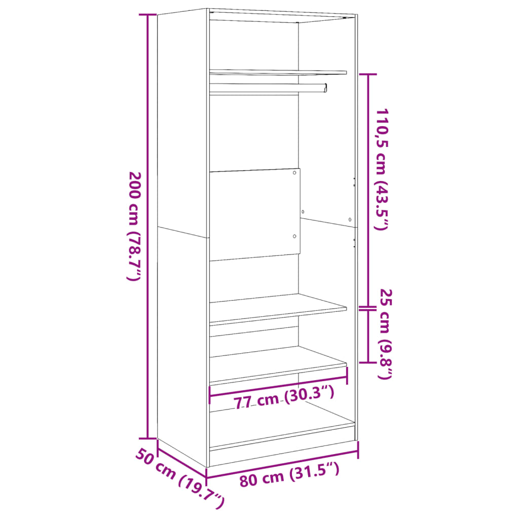 Wardrobe, smoky oak, 80x50x200 cm, processed wood