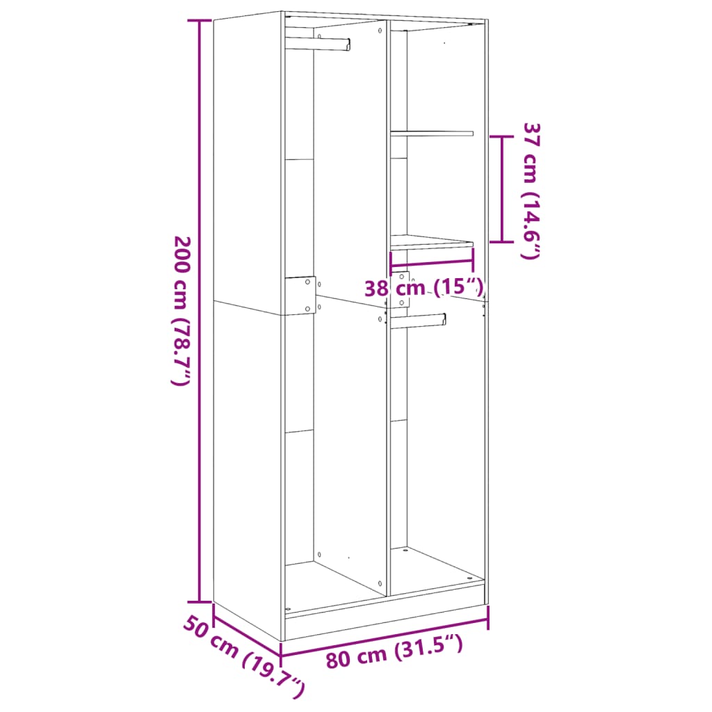 Wardrobe, smoky oak, 80x50x200 cm, processed wood