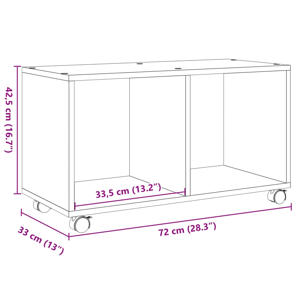 Cabinet with wheels, white, 72x33x42.5 cm, processed wood