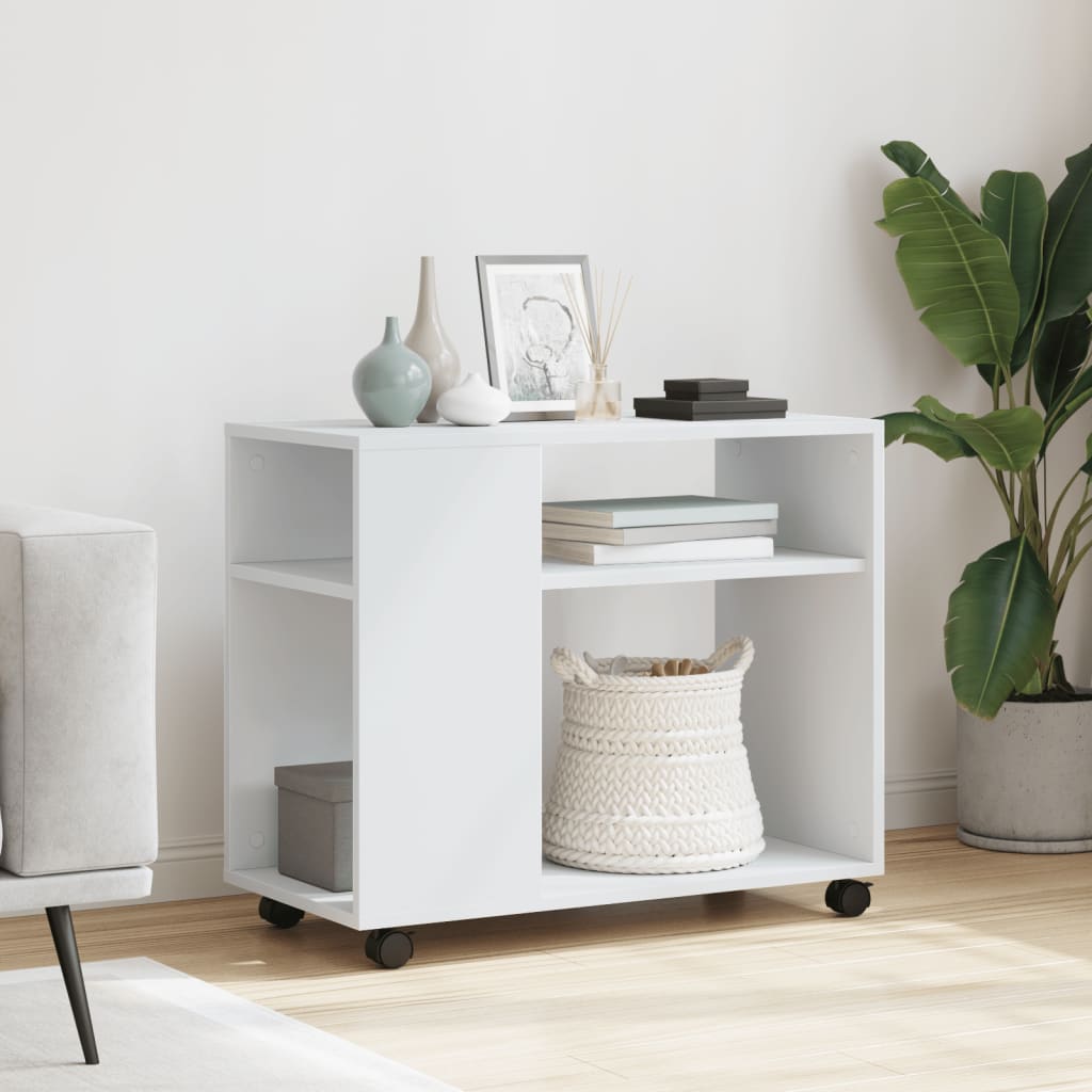 Side table with wheels, white/brown, 70x35x60 cm, processed wood