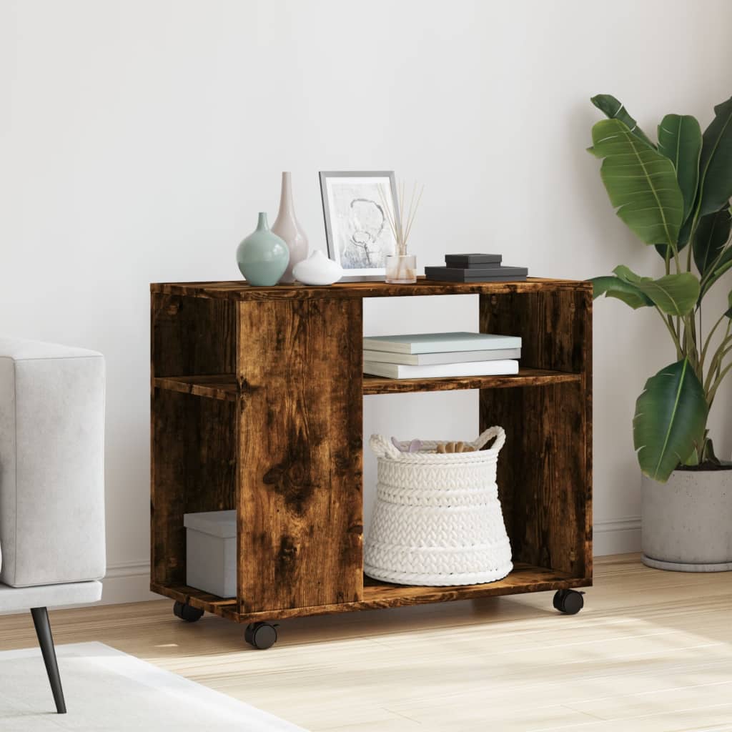 Side table with wheels smoky oak 70x35x60 cm composite wood