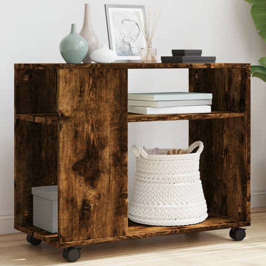 Side table with wheels smoky oak 70x35x60 cm composite wood