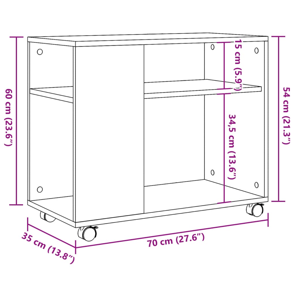 Masă laterală cu roți stejar maro 70x35x60 cm lemn compozit