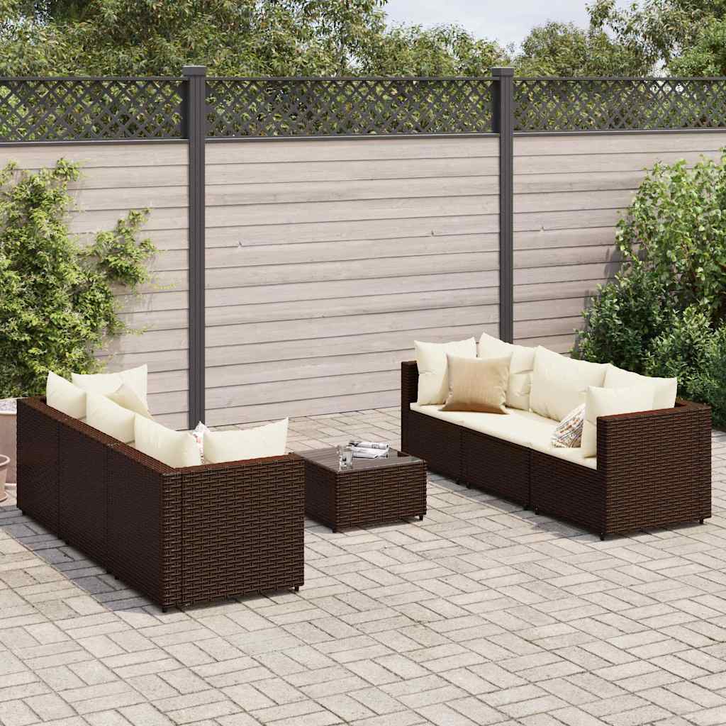 Garden furniture set with cushions, 7 pieces, brown, polyrattan