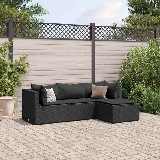 4-piece garden furniture set with black polyrattan cushions