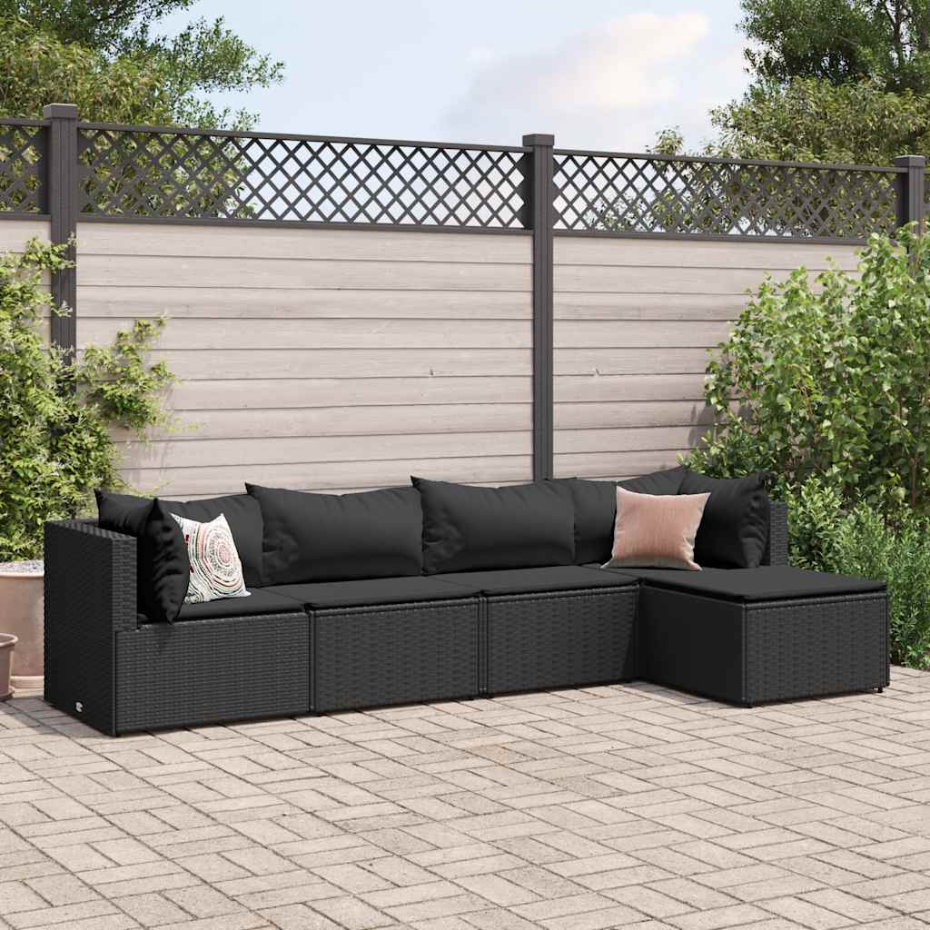 5-piece garden lounger set with cushions, black, polyrattan