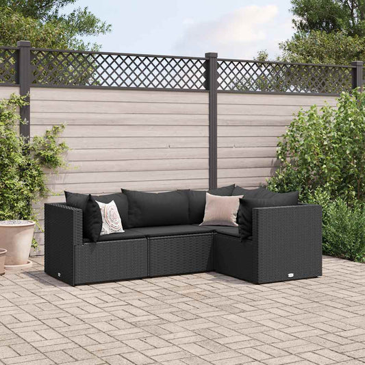 4-piece garden furniture set with black polyrattan cushions