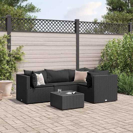 5-piece garden lounger set with cushions, black, polyrattan