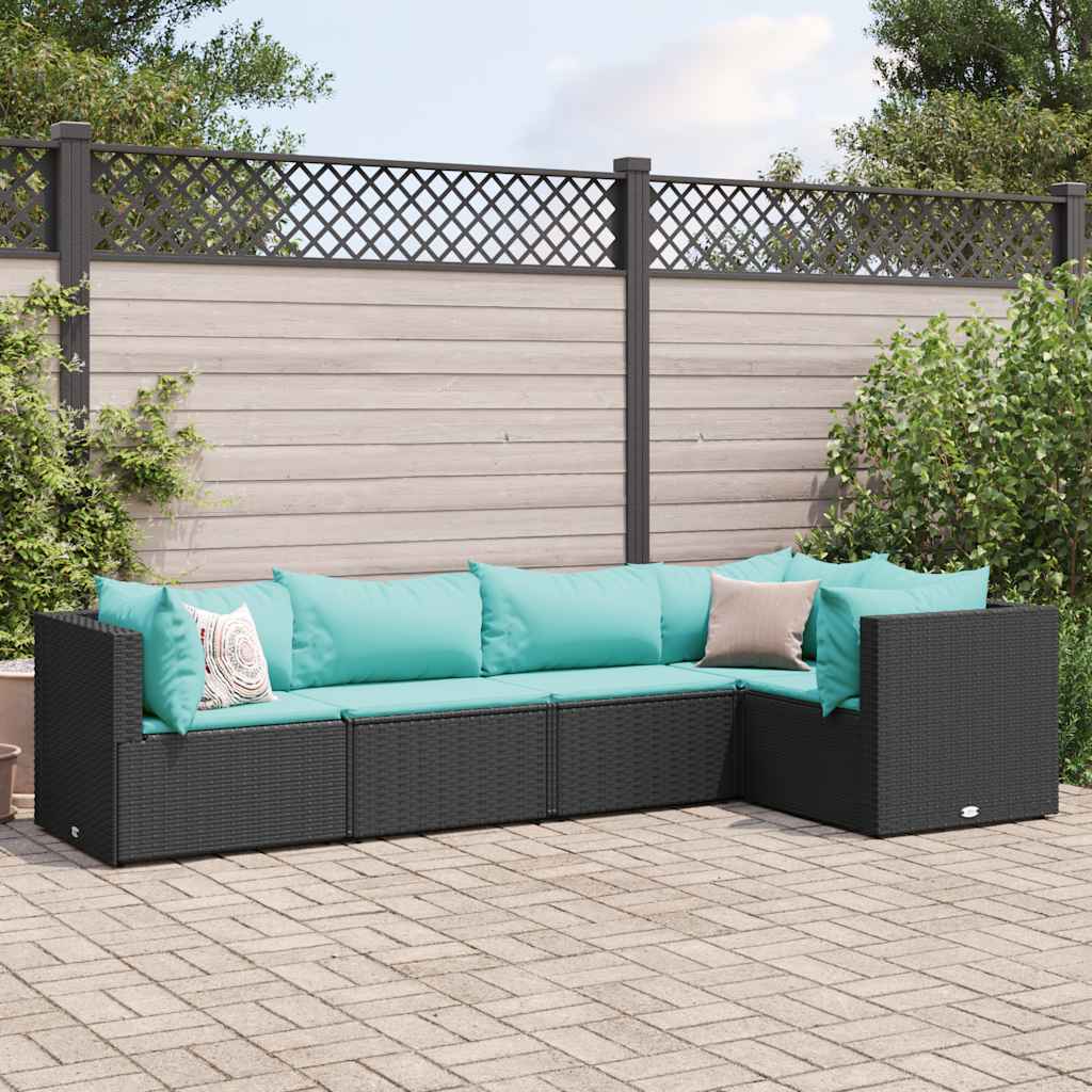 5-piece garden lounger set with cushions, black, polyrattan