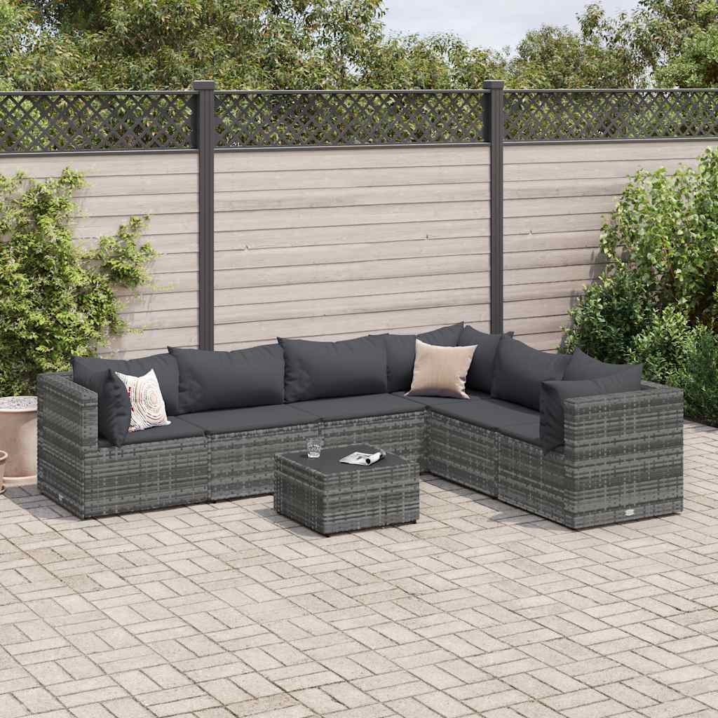 7-piece garden furniture set with cushions, grey, polyrattan