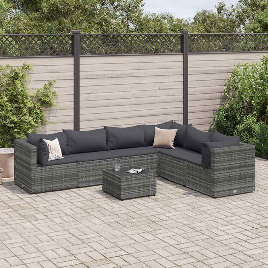 7-piece garden furniture set with cushions, grey, polyrattan