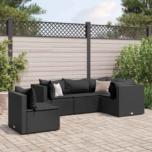 5-piece garden lounger set with cushions, black, polyrattan