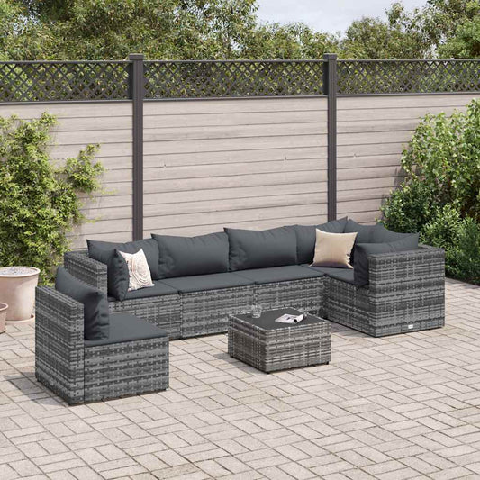 7-piece garden furniture set with cushions, grey, polyrattan